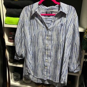 Lands' End Chase apparel Blue and White Striped Button-Up Shirt
